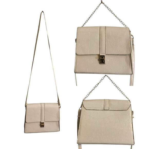 Cream Croc Print Leather Shoulder Bag Medium Gold Chain + Leather Strap - Picture 1 of 14